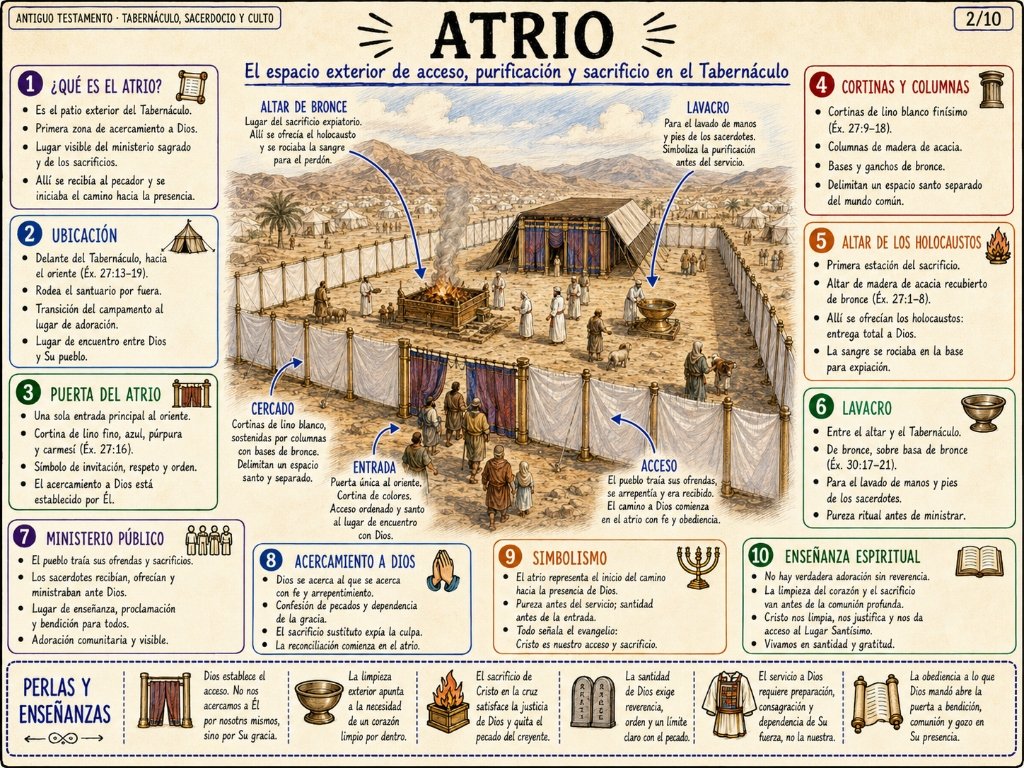 Atrio: El espacio exterior de acceso, purificación y sacrificio en el Tabernáculo