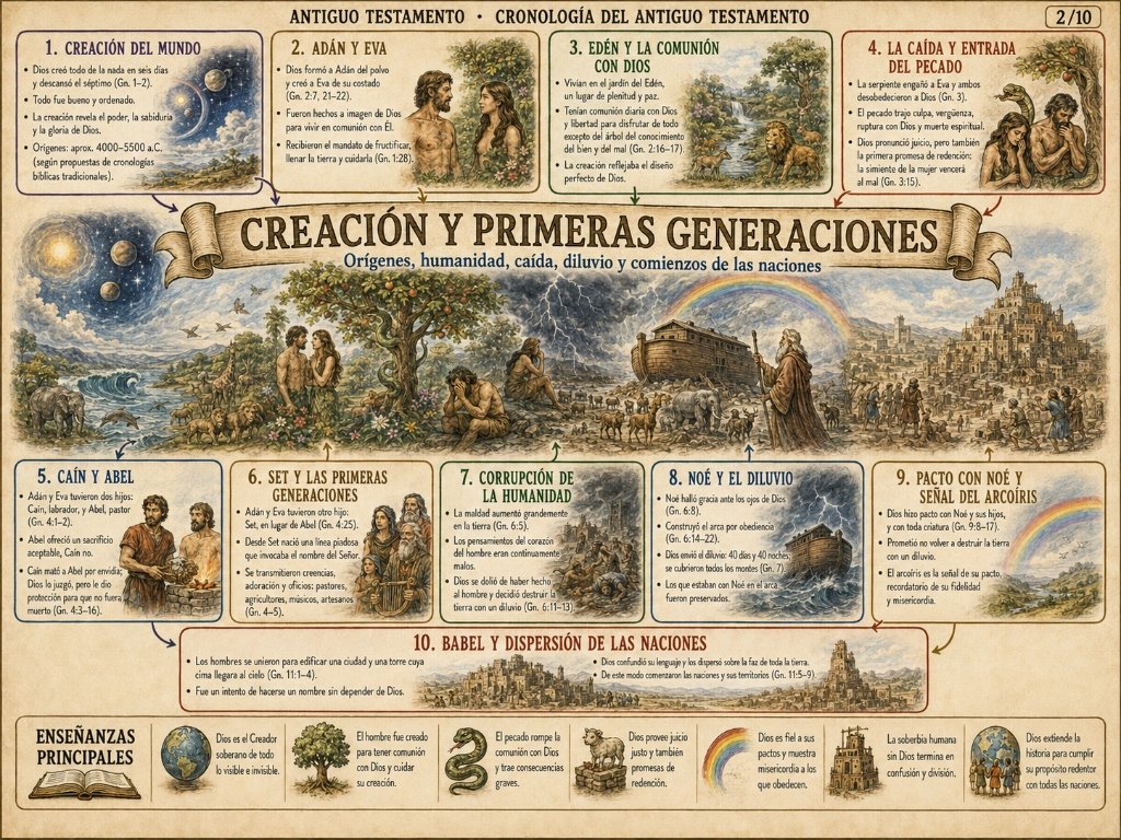 Creación y Primeras Generaciones: Orígenes, humanidad, caída, diluvio